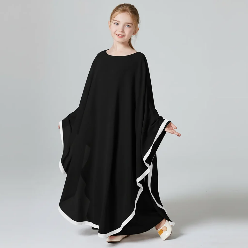 Black Cape Abaya for Kids finished stitching and hem detail Black Cape Abaya for Kids finished stitching and hem detail