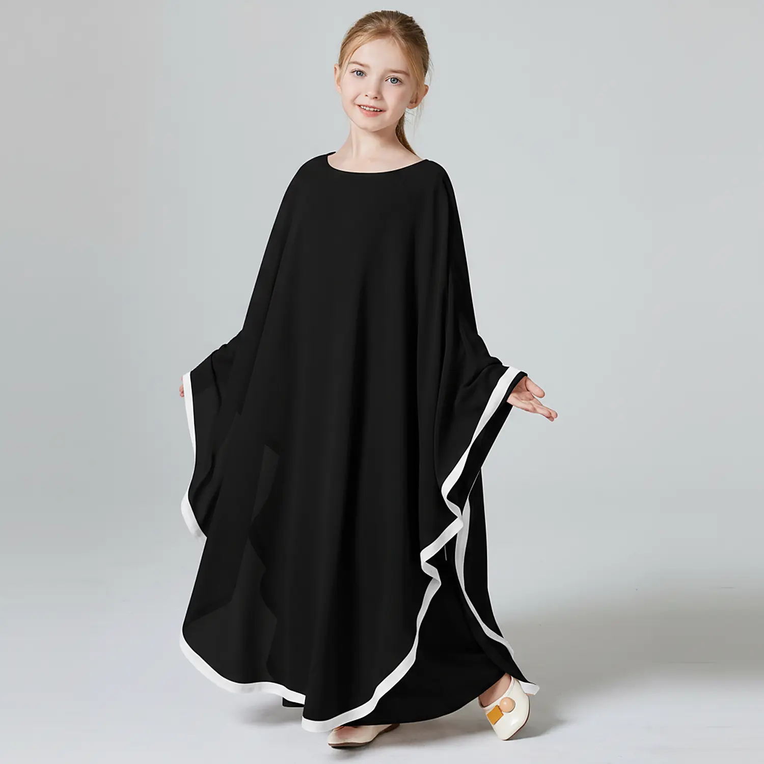 Black Cape Abaya for Kids finished stitching and hem detail