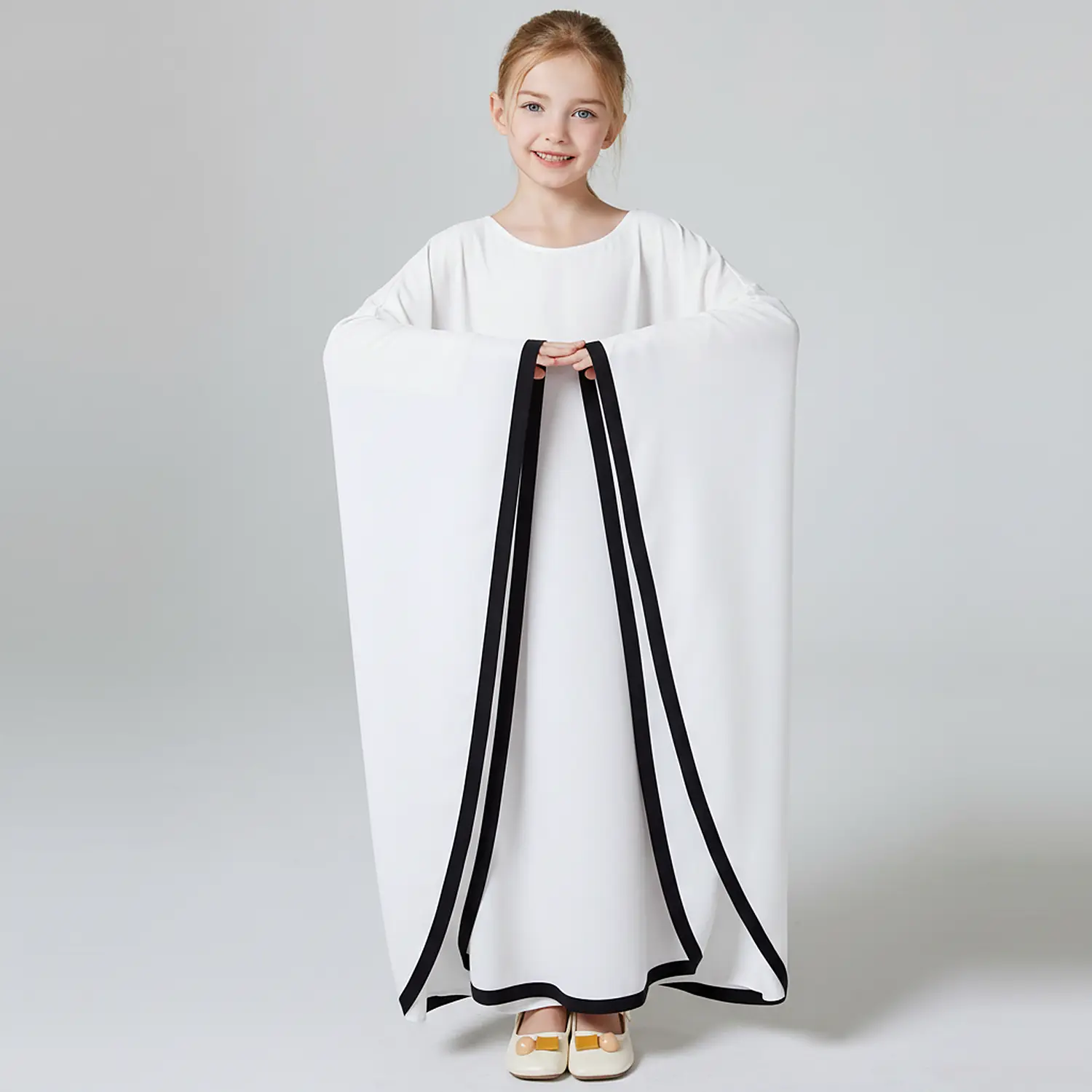 White Cape Abaya for Kids Nida Matte fabric close up