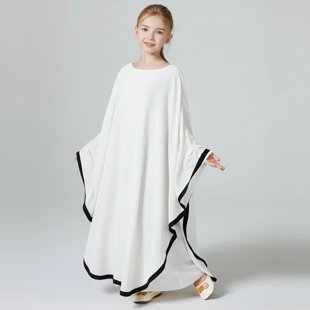 White Cape Abaya for Kids styling and drape detail White Cape Abaya for Kids styling and drape detail