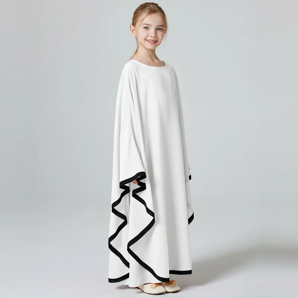 White Cape Abaya for Kids finished stitching and hem detail White Cape Abaya for Kids finished stitching and hem detail