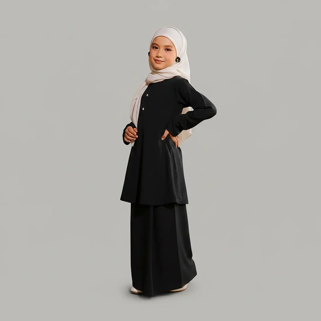 Black 2 piece kids abaya  finished stitching and hem detail