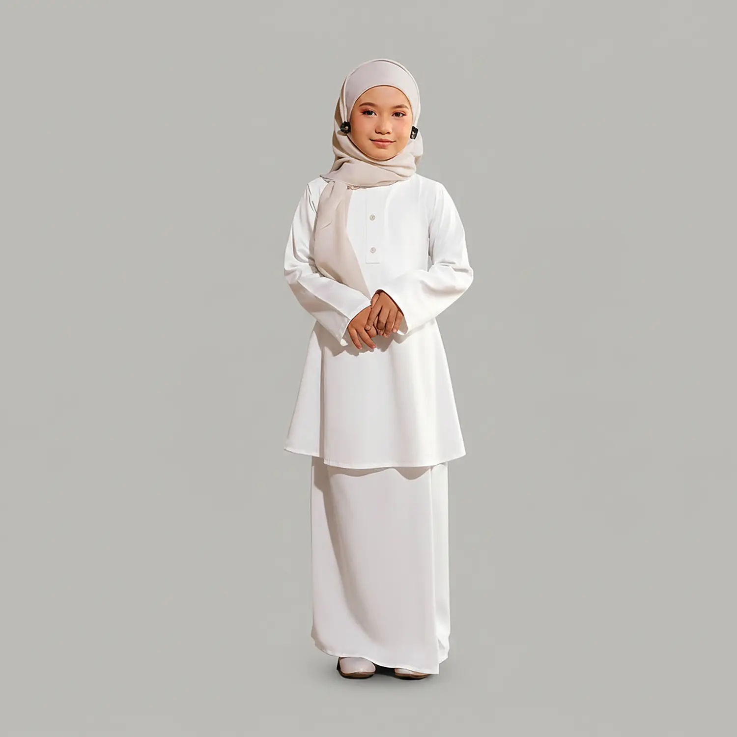 White 2 Piece Kids Abaya full length front view