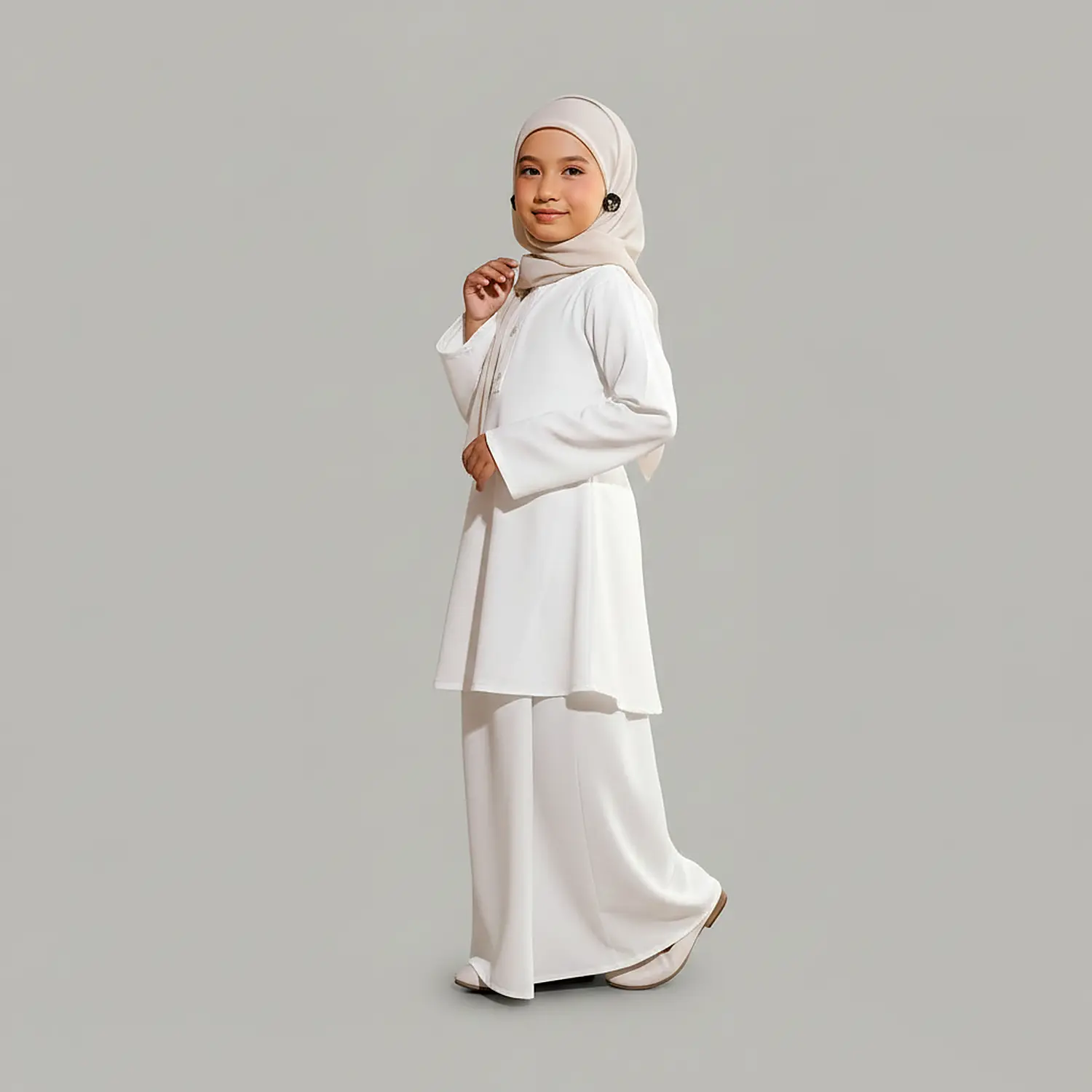 White 2 Piece Kids Abaya finished stitching and hem detail
