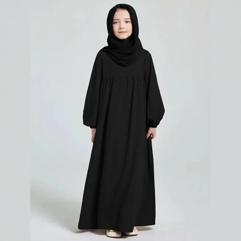 Plain Black Kids Abaya full length front view Plain Black Kids Abaya full length front view