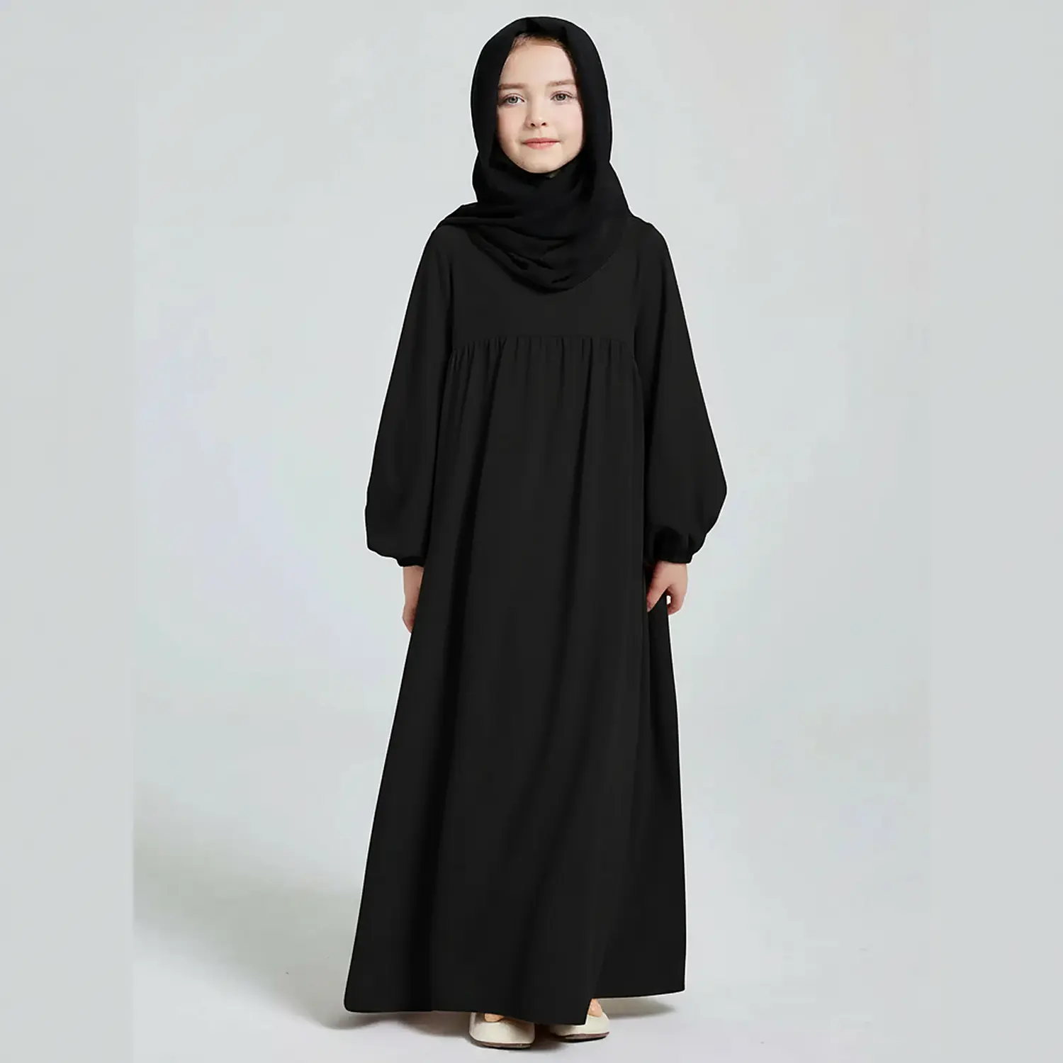 Plain Black Kids Abaya finished stitching and hem detail