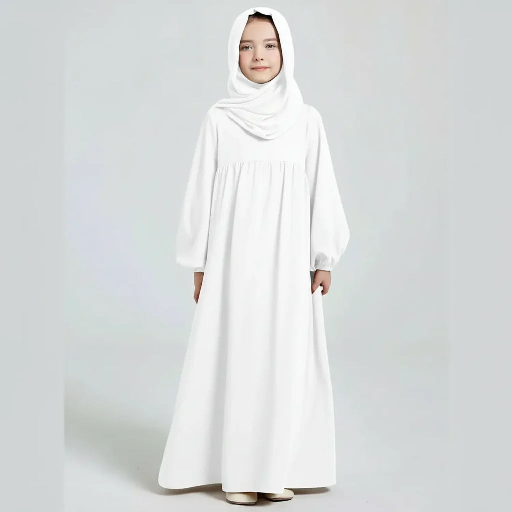Plain White Kids Abaya full length front view Plain White Kids Abaya full length front view