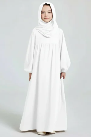Plain White Kids Abaya - full length front view