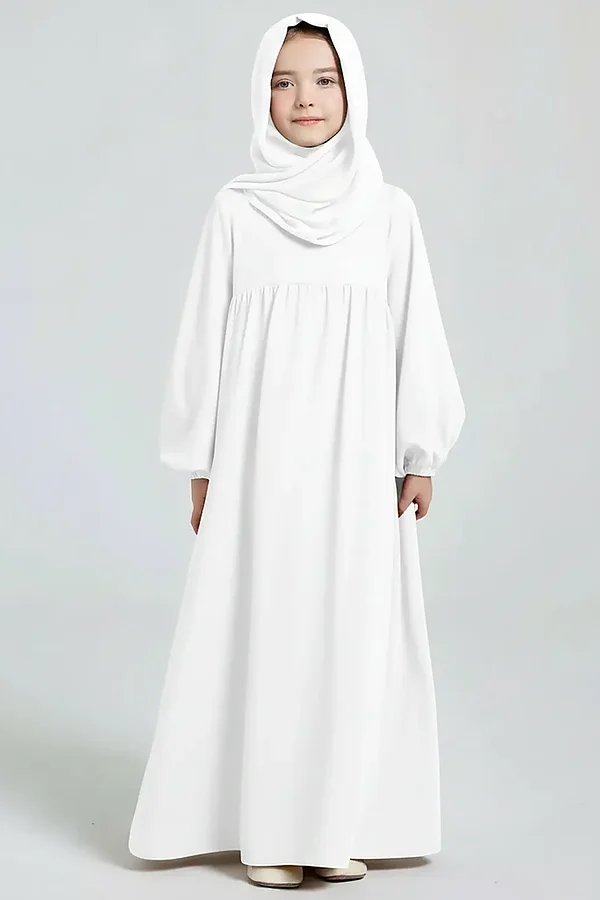 Plain White Kids Abaya - full length front view