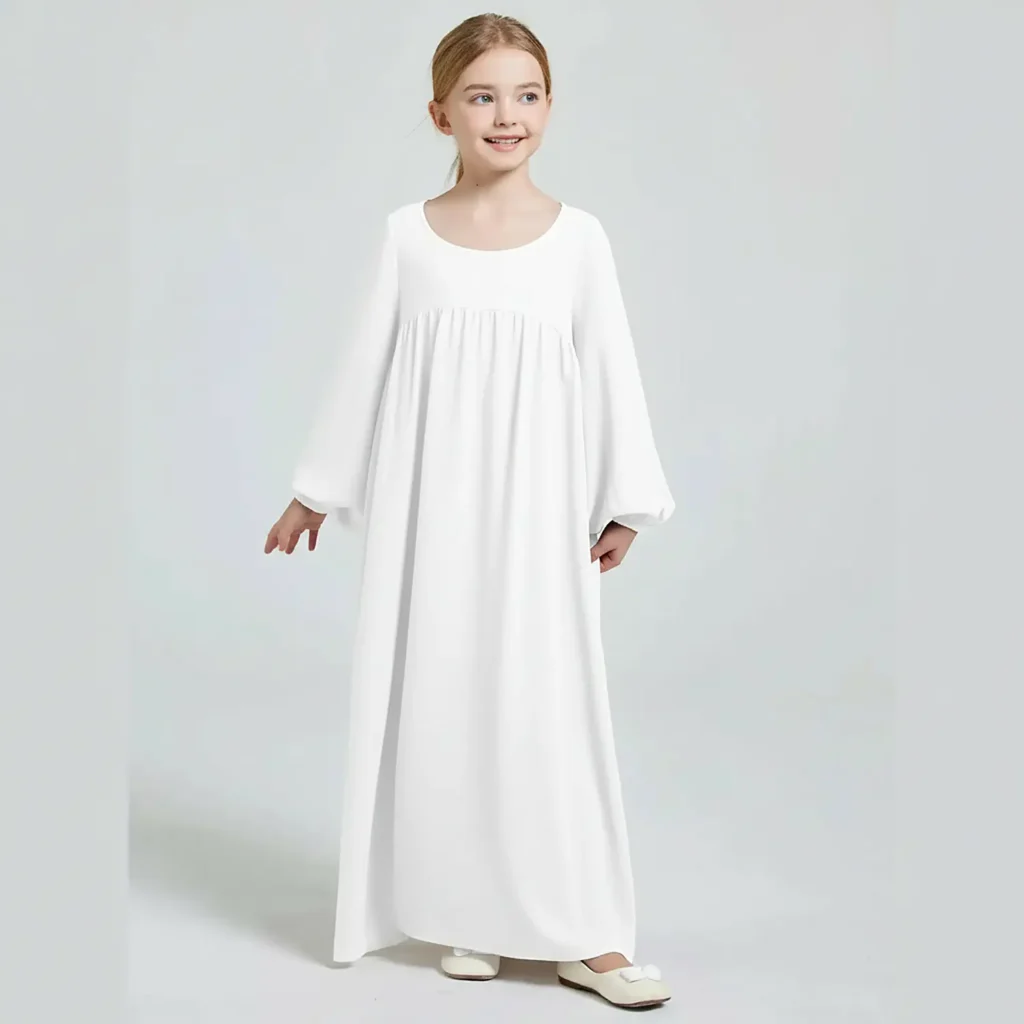 Plain White Kids Abaya Nida Matte fabric close up Plain White Kids Abaya Nida Matte fabric close up