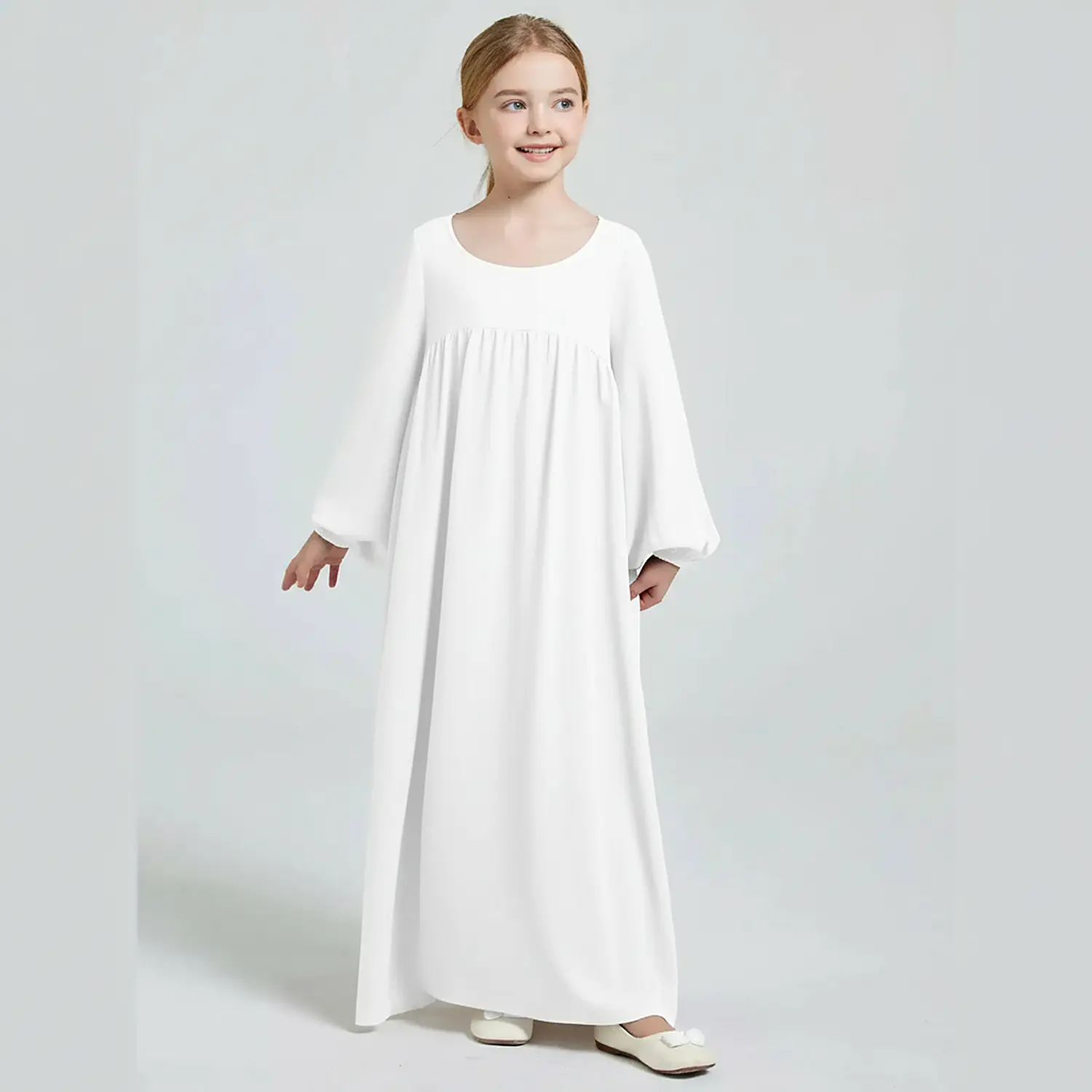 Plain White Kids Abaya finished stitching and hem detail