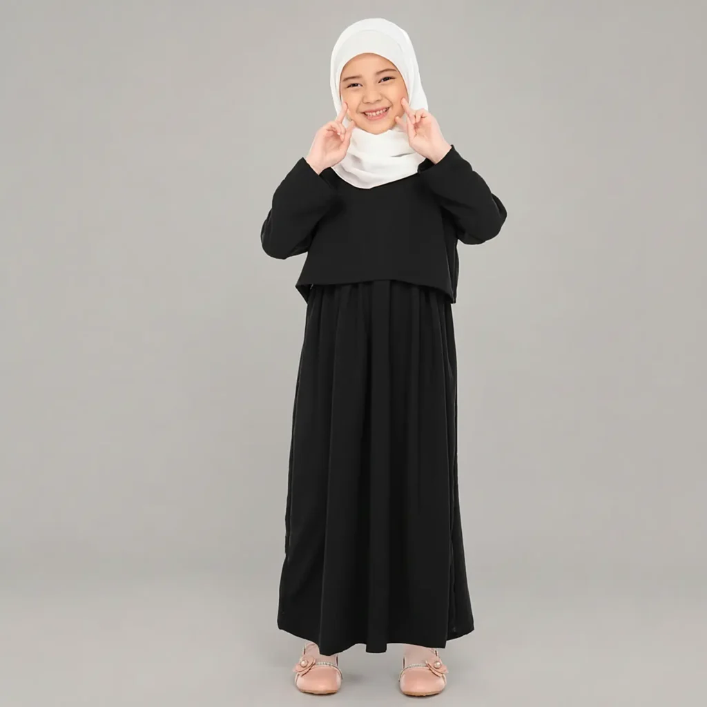 Kids Black Abaya full length front view Kids Black Abaya full length front view