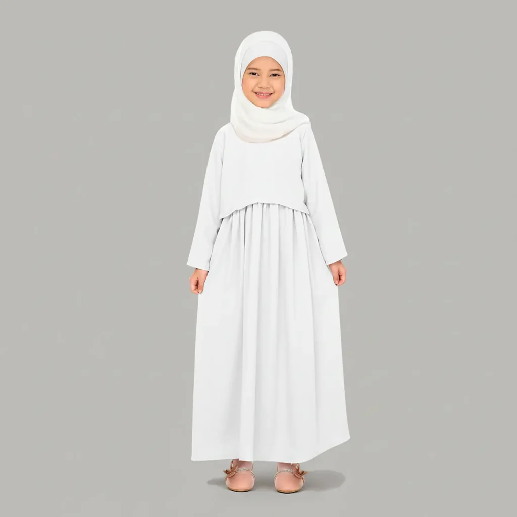 Kids White Abaya full length front view Kids White Abaya full length front view