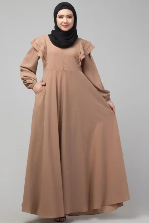 Khaki layered shoulder umbrella abaya with elasticated cuffs