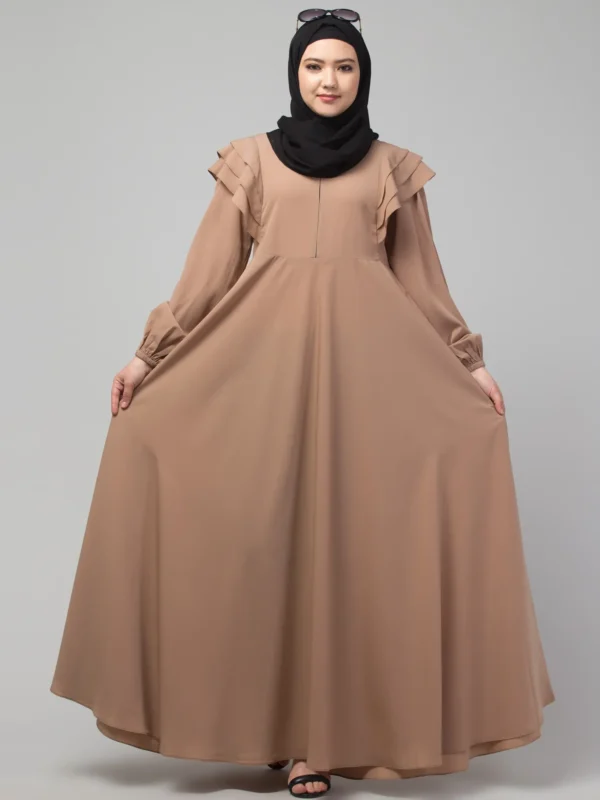Khaki layered shoulder umbrella abaya detail