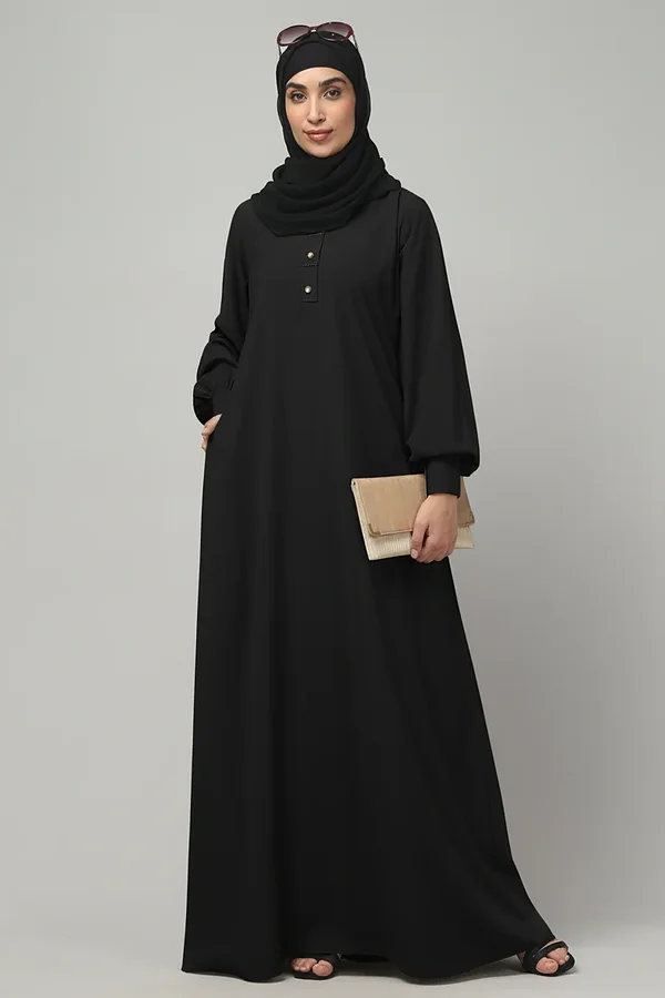 A Line Lace Abaya with Button Placket in Black color