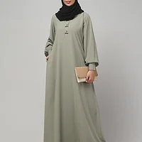 A Line Lace Abaya with Button Placket in Grey Olive color
