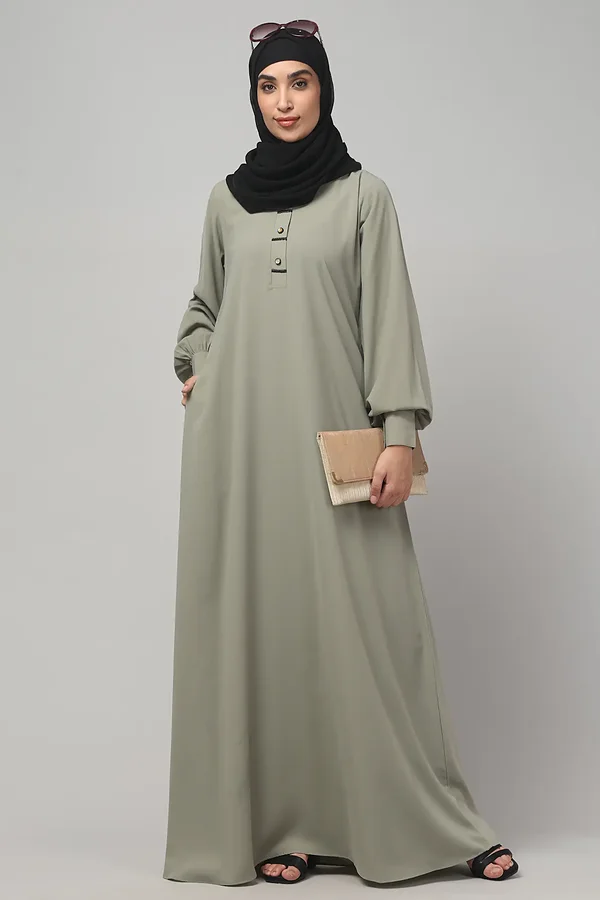 A Line Lace Abaya with Button Placket in Grey Olive color