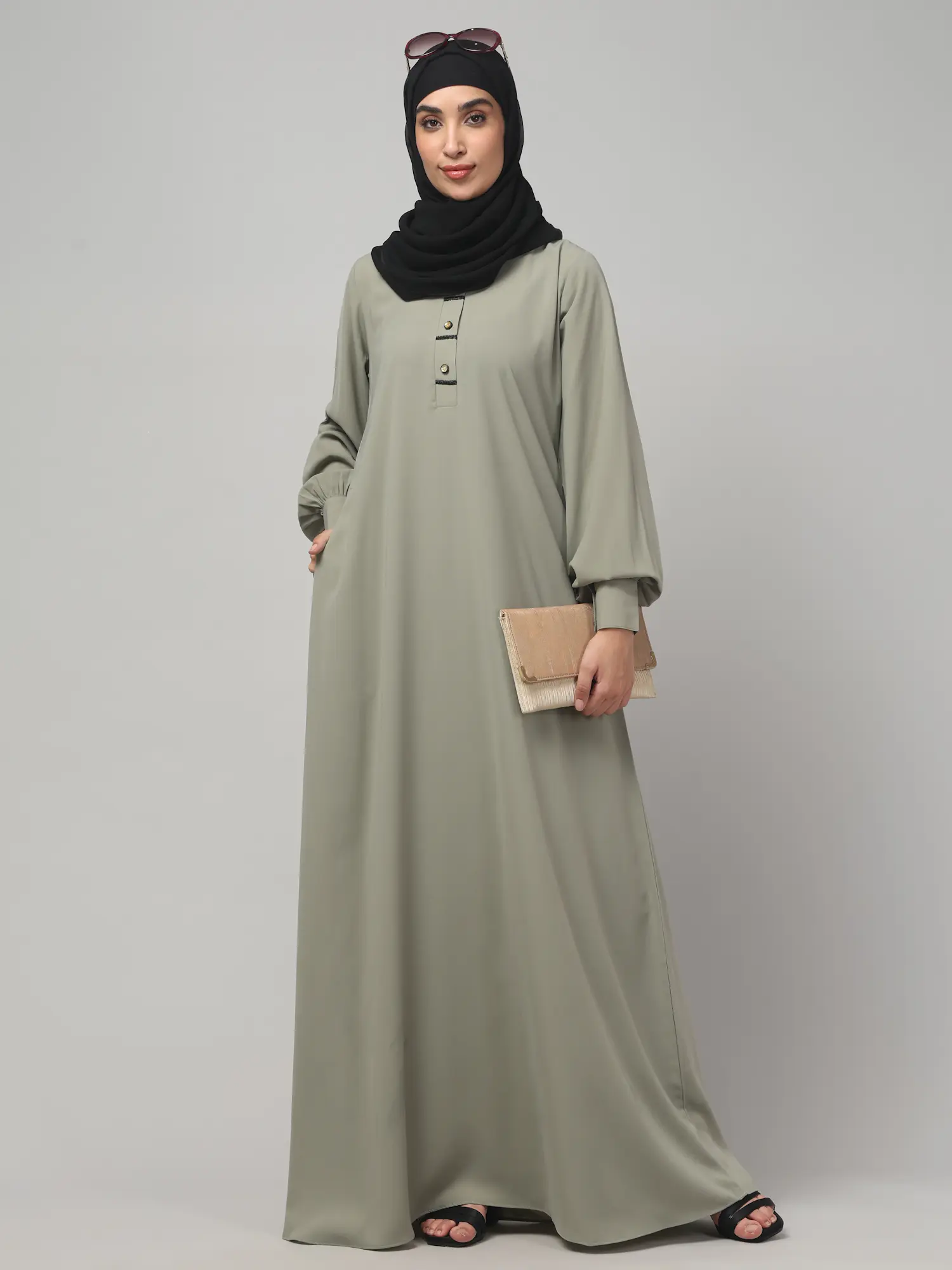 A Line Lace Abaya with Button Placket in Grey Olive color