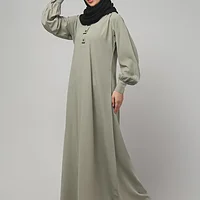 A Line Lace Abaya with Button Placket in Grey Olive color, photo 3