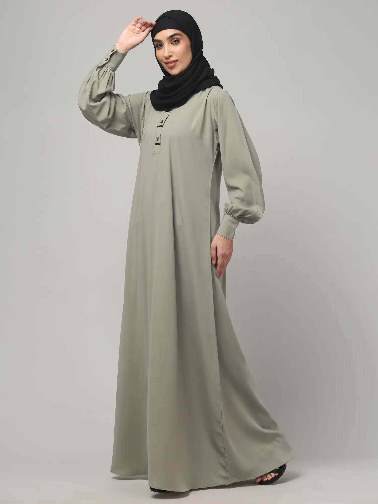 A Line Lace Abaya with Button Placket in Grey Olive color, photo 3