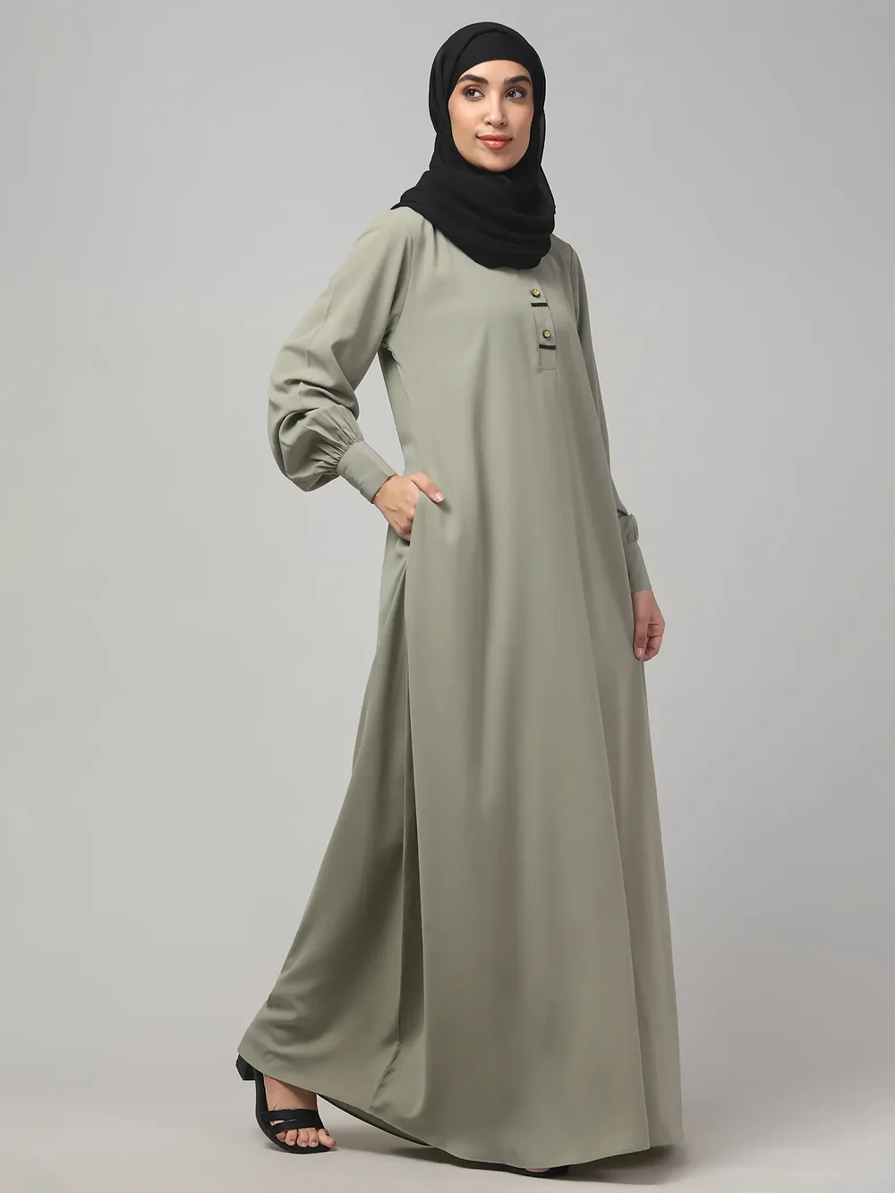 A Line Lace Abaya with Button Placket in Grey Olive color, photo 4