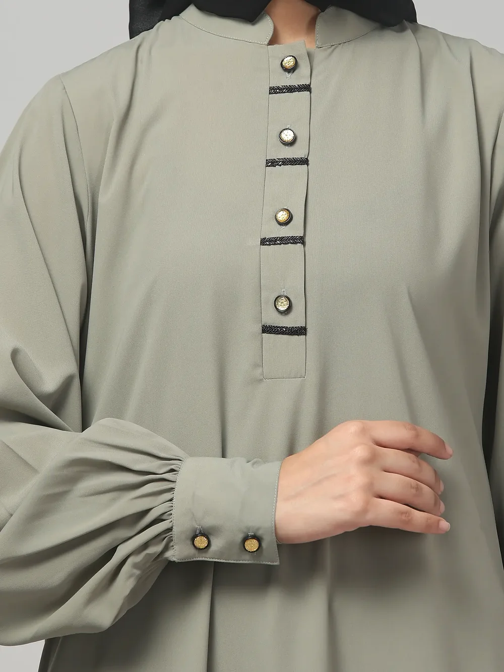 A Line Lace Abaya with Button Placket in Grey Olive color, photo 5