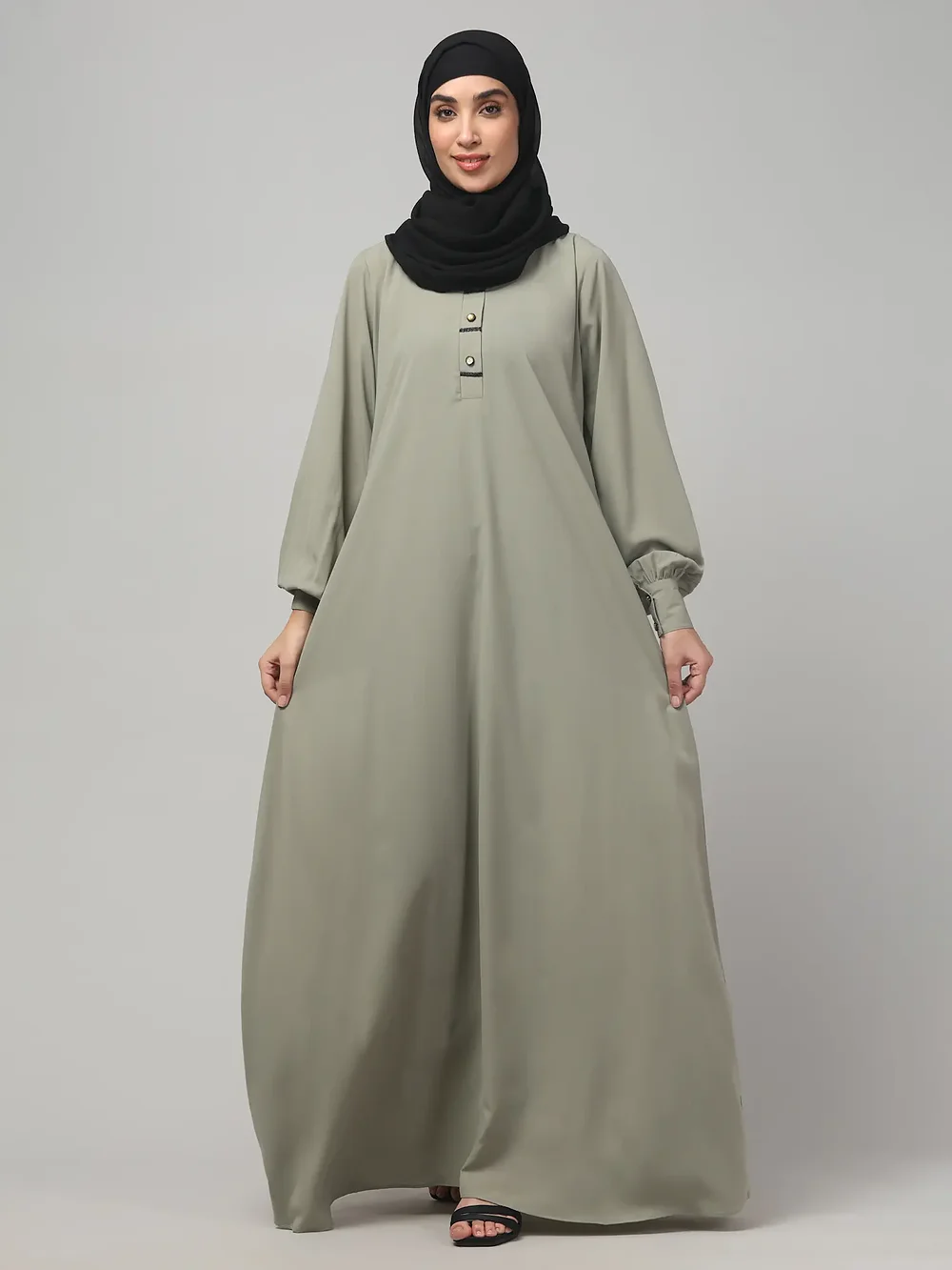 A Line Lace Abaya with Button Placket in Grey Olive color, photo 6