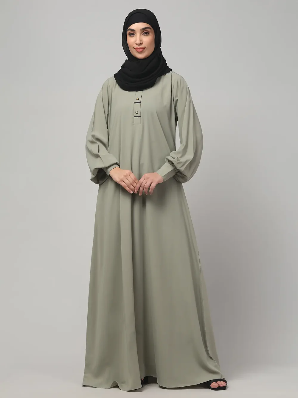 A Line Lace Abaya with Button Placket in Grey Olive color, photo 7