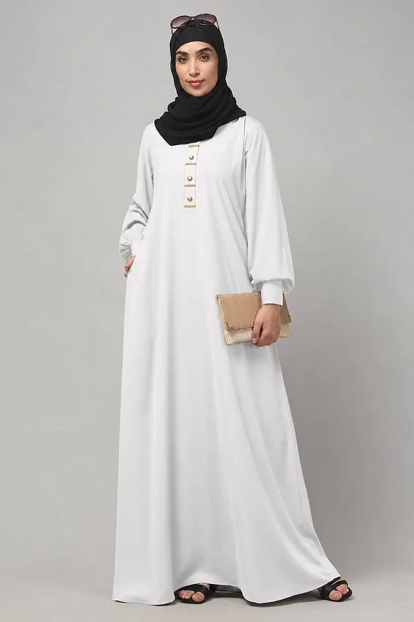 A Line Lace Abaya with Button Placket in White color