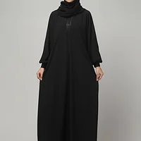 V Neck A Line Abaya with Lace Neckline in Black color