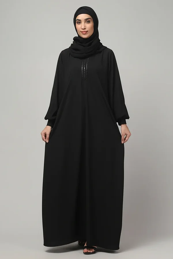 V Neck A Line Abaya with Lace Neckline in Black color