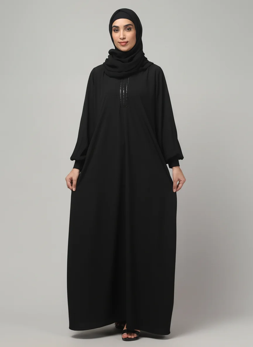 V Neck A Line Abaya with Lace Neckline in Black color