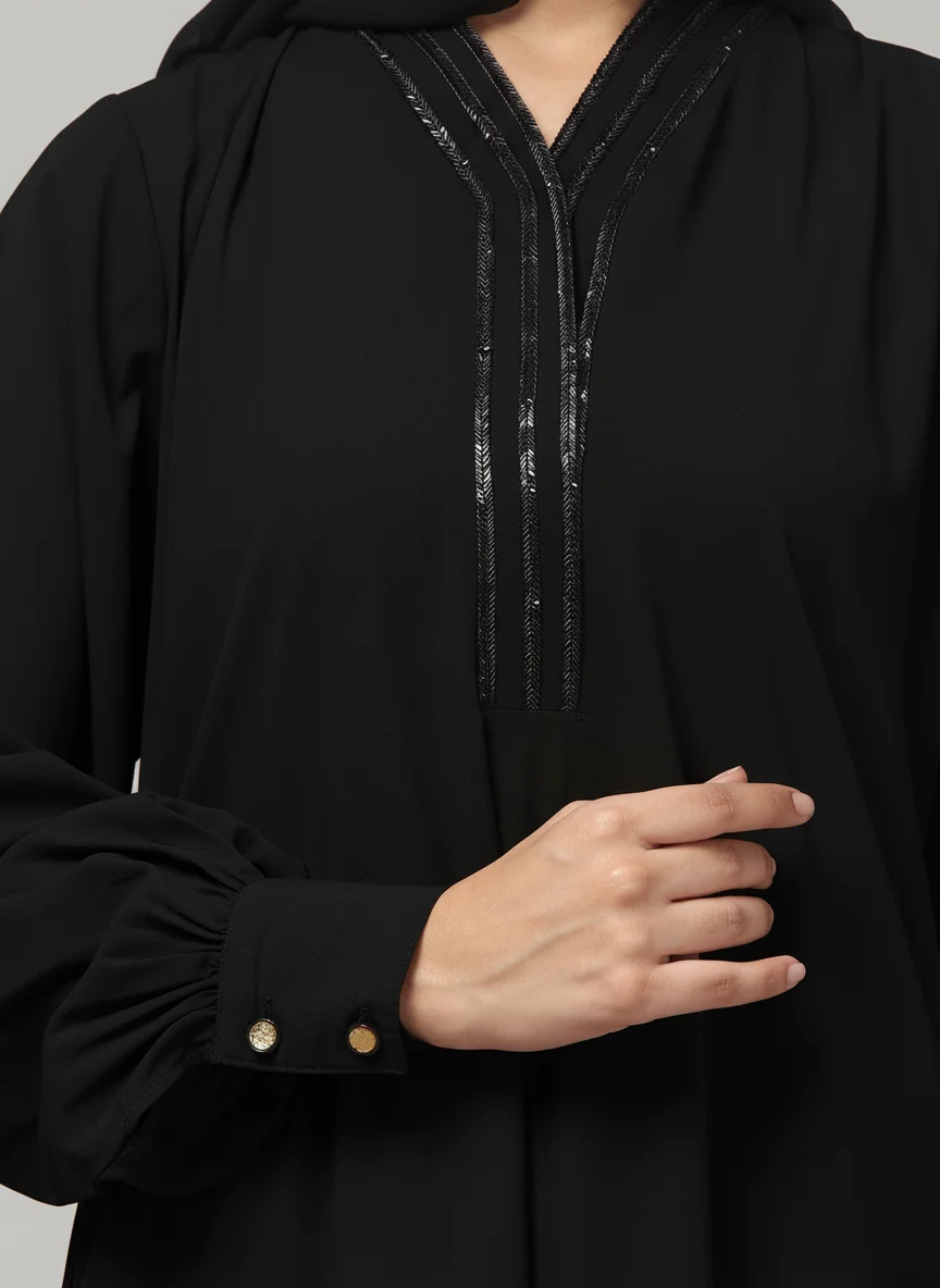 V Neck A Line Abaya with Lace Neckline in Black color, photo 2