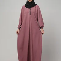 V Neck A Line Abaya with Lace Neckline in Puce Pink color