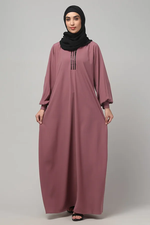 V Neck A Line Abaya with Lace Neckline in Puce Pink color