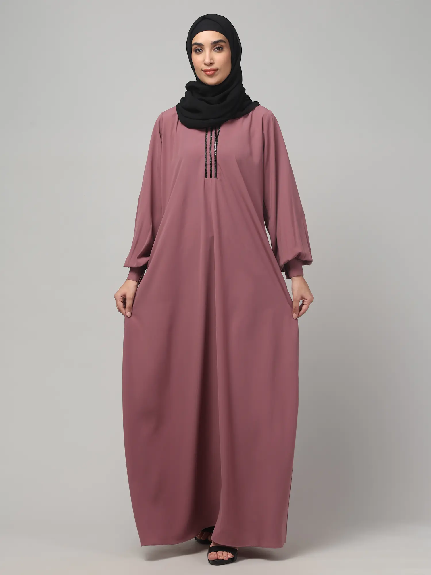 V Neck A Line Abaya with Lace Neckline in Puce Pink color