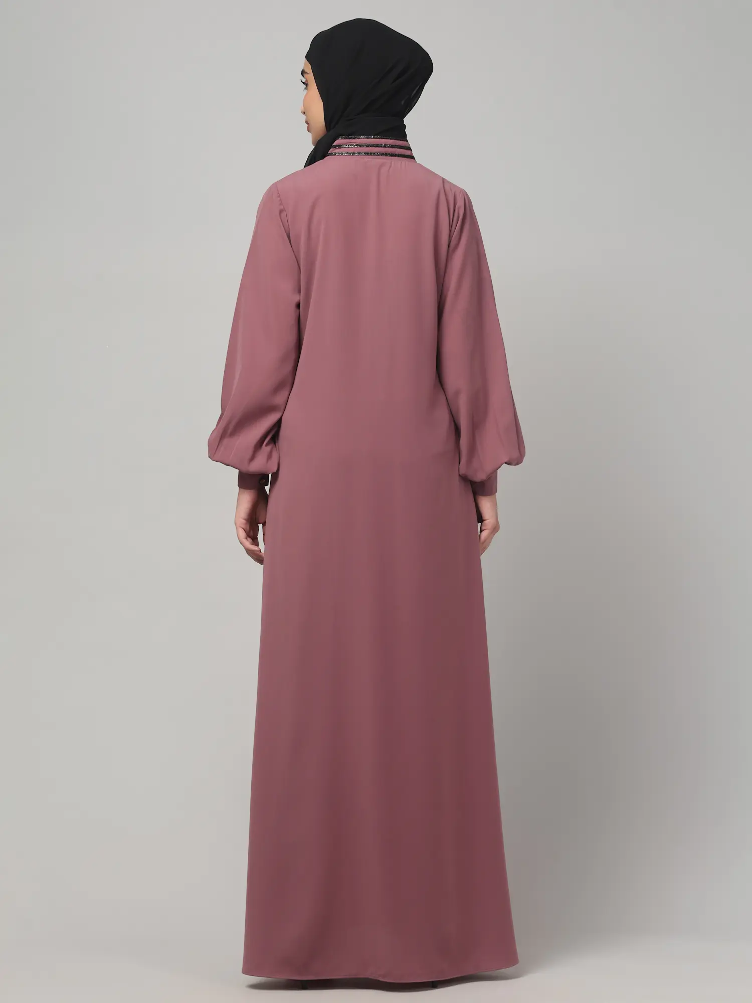 V Neck A Line Abaya with Lace Neckline in Puce Pink color, photo 2