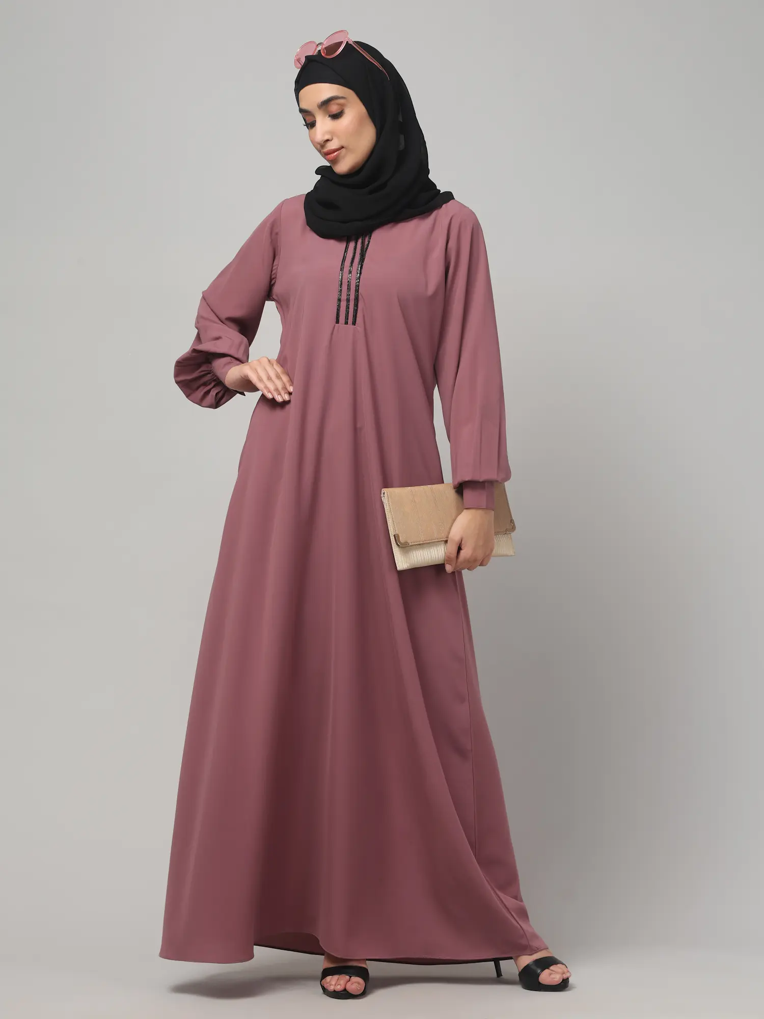 V Neck A Line Abaya with Lace Neckline in Puce Pink color, photo 3