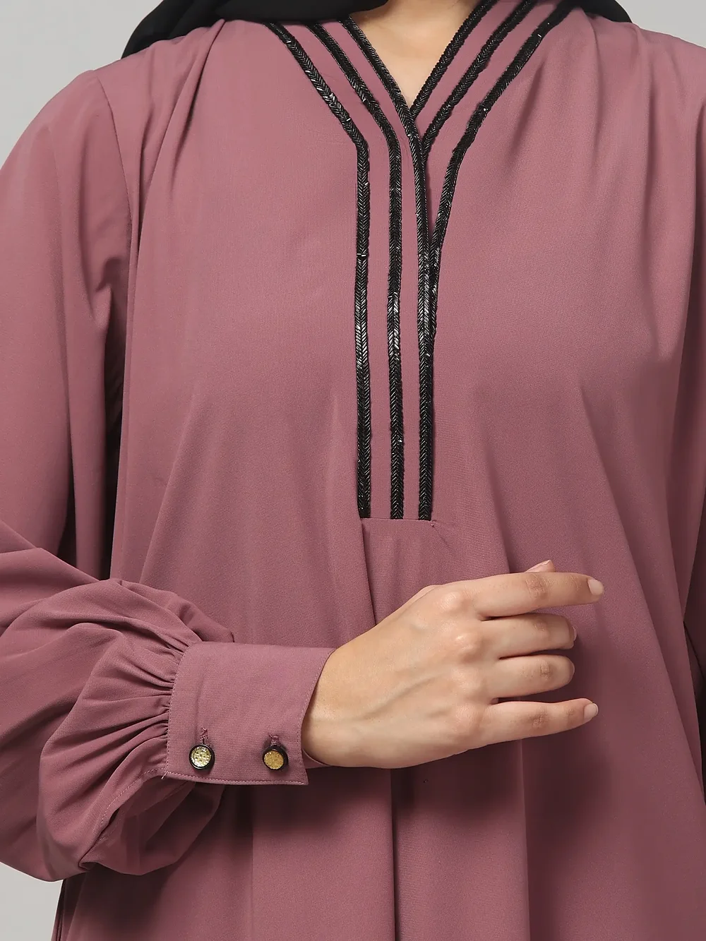 V Neck A Line Abaya with Lace Neckline in Puce Pink color, photo 4