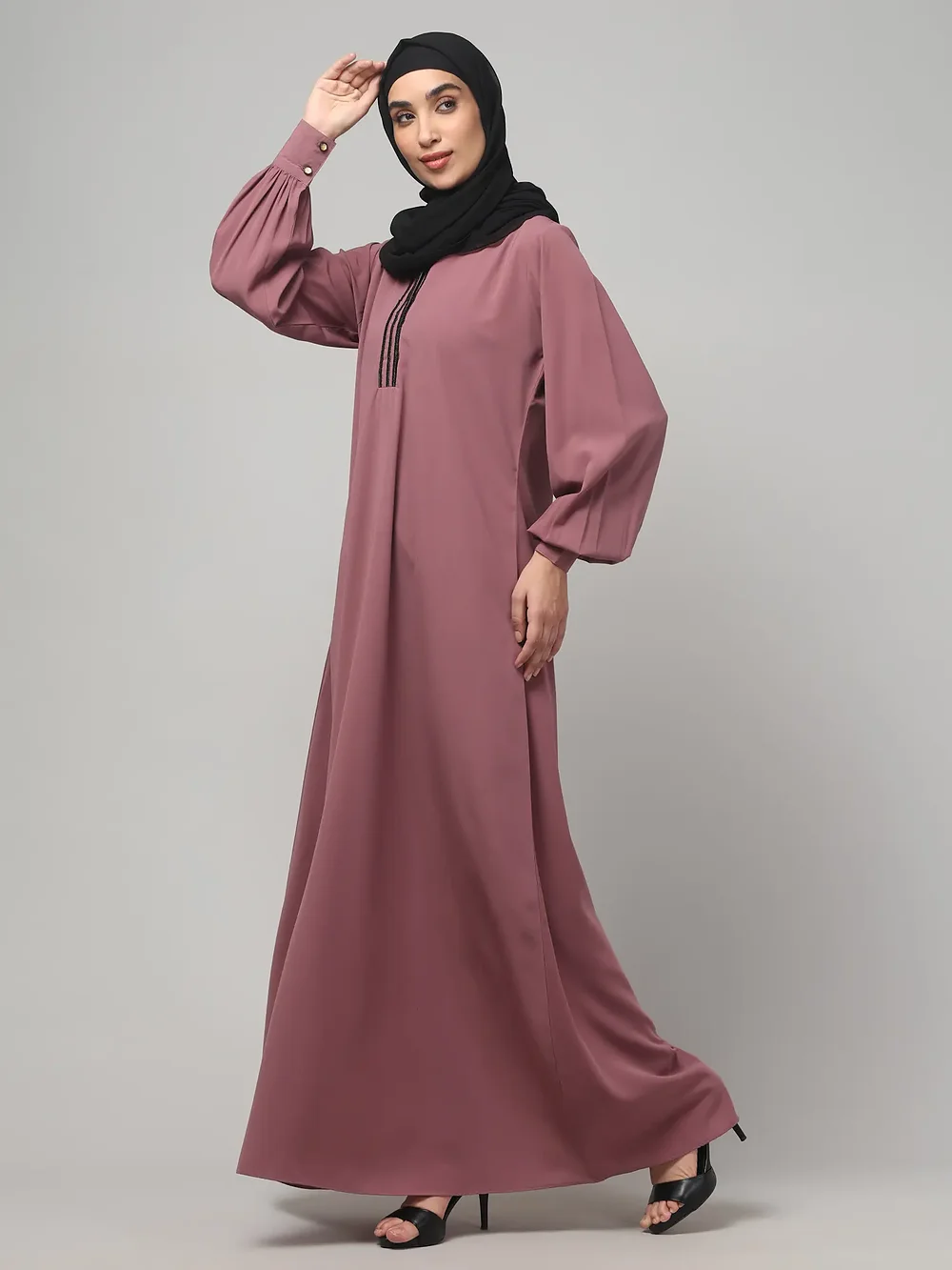 V Neck A Line Abaya with Lace Neckline in Puce Pink color, photo 5