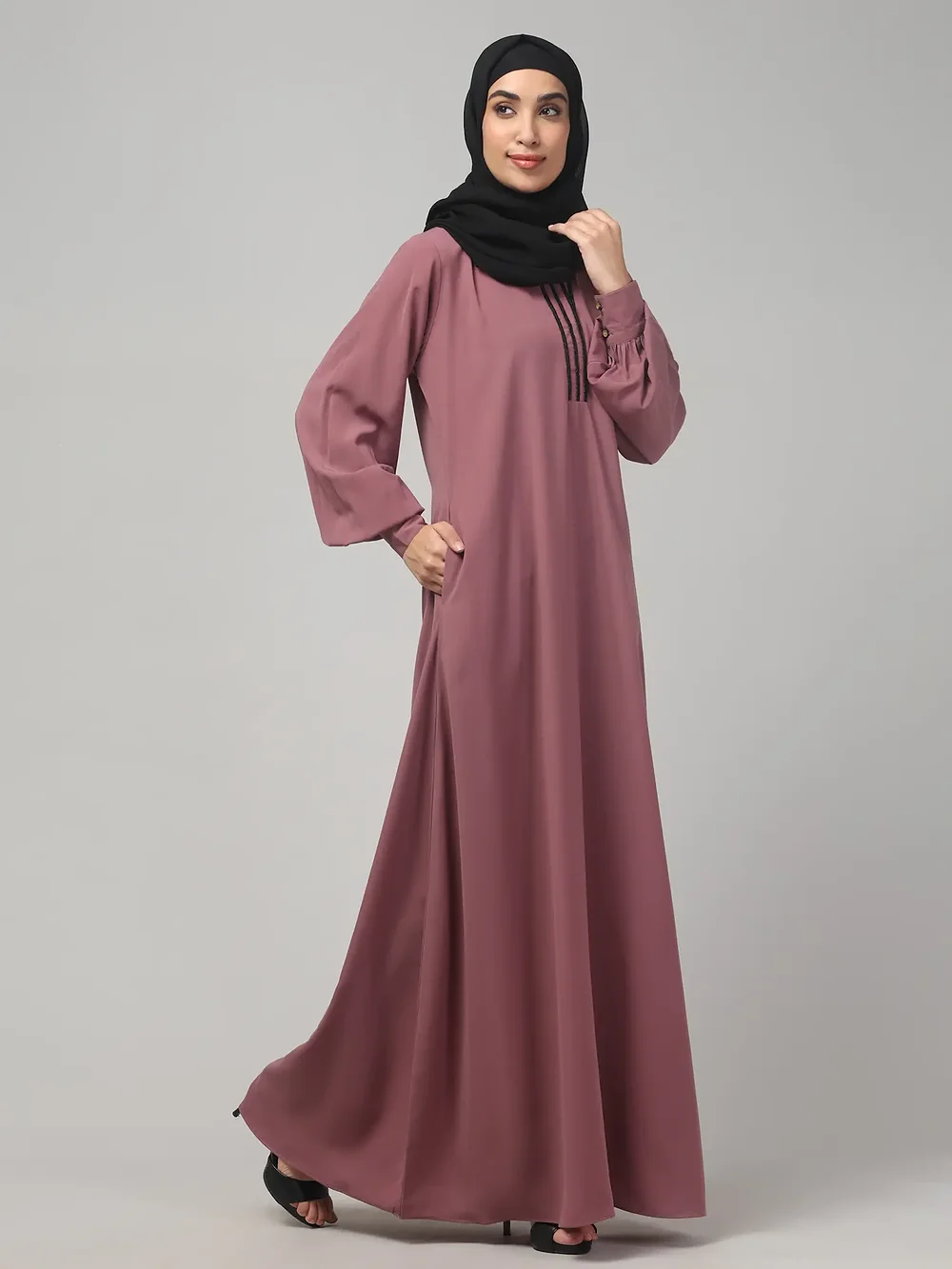 V Neck A Line Abaya with Lace Neckline in Puce Pink color, photo 6