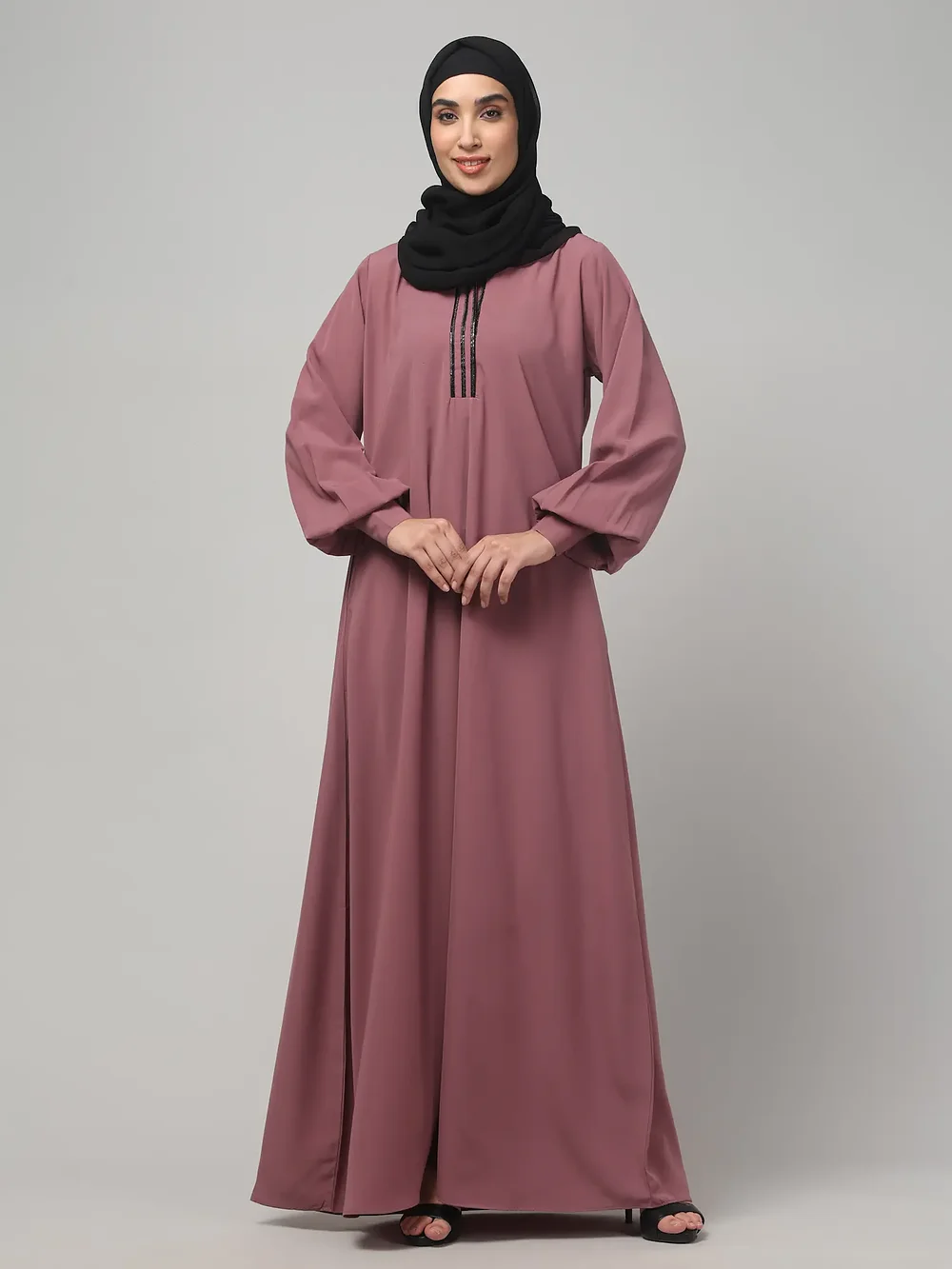 V Neck A Line Abaya with Lace Neckline in Puce Pink color, photo 7