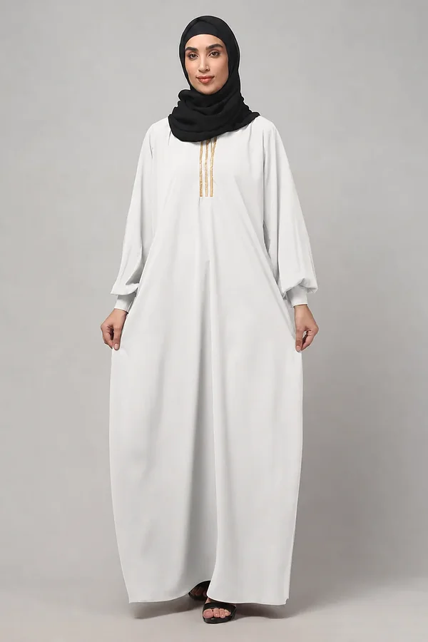 V Neck A Line Abaya with Lace Neckline in White color