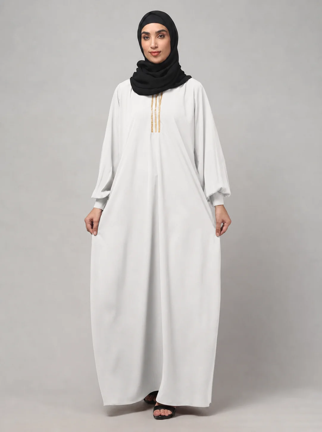 V Neck A Line Abaya with Lace Neckline in White color