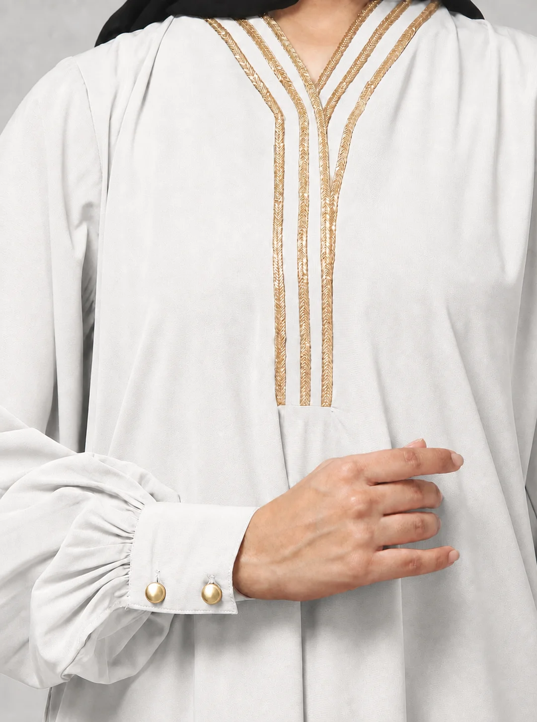 V Neck A Line Abaya with Lace Neckline in White color, photo 2