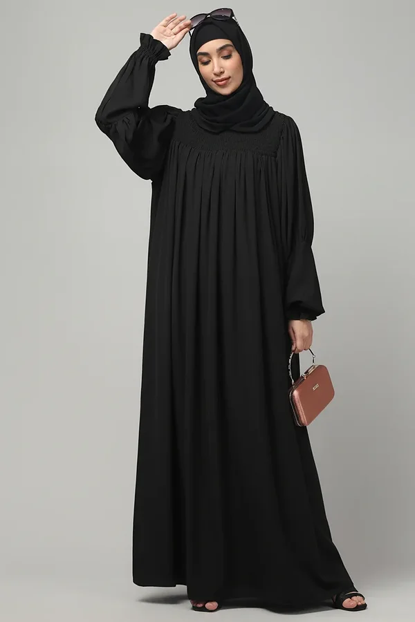 Ruffled High Neck Maxi Abaya in Black color