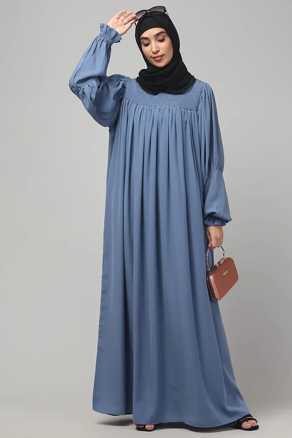 Ruffled High Neck Maxi Abaya in Denim Blue color