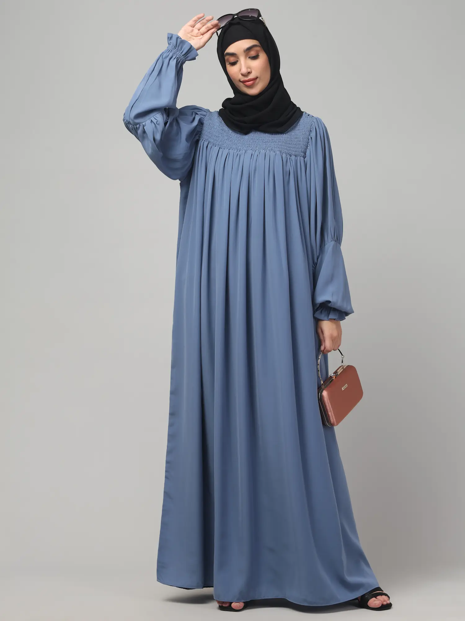 Ruffled High Neck Maxi Abaya in Denim Blue color
