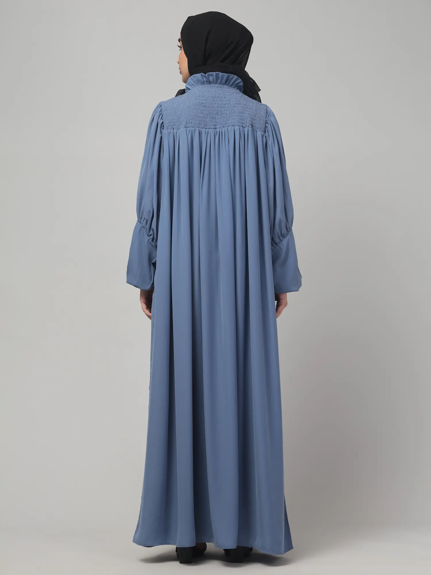 Ruffled High Neck Maxi Abaya in Denim Blue color, photo 2